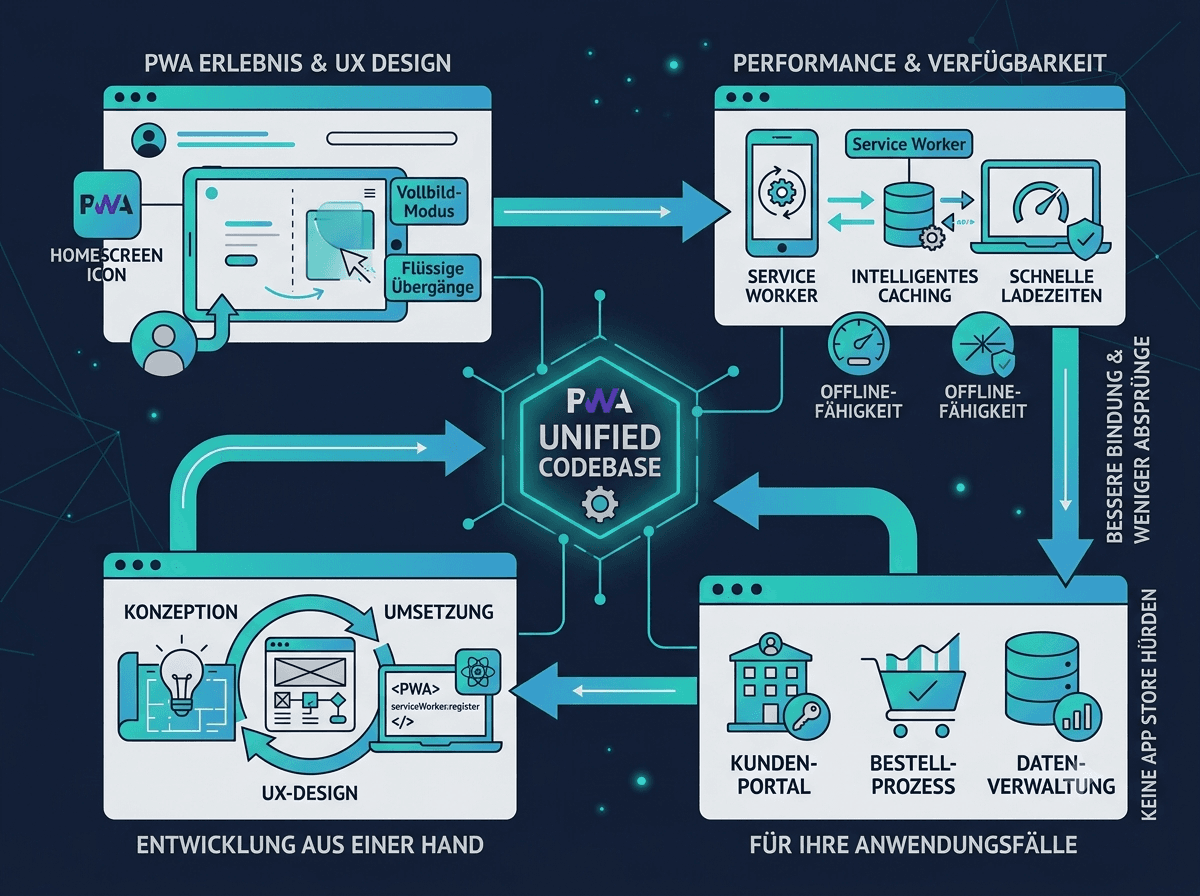 Progressive Web App — installierbares App-Erlebnis mit Service Worker, Offline-Fähigkeit und einer Unified Codebase für alle Geräte (KI-generierte Illustration)