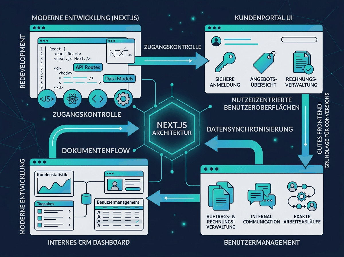 Individuelles CRM- und Kundenportal — Next.js-Architektur mit Zugangskontrolle, Angebots- und Rechnungsverwaltung, CRM-Dashboard (KI-generierte Illustration)