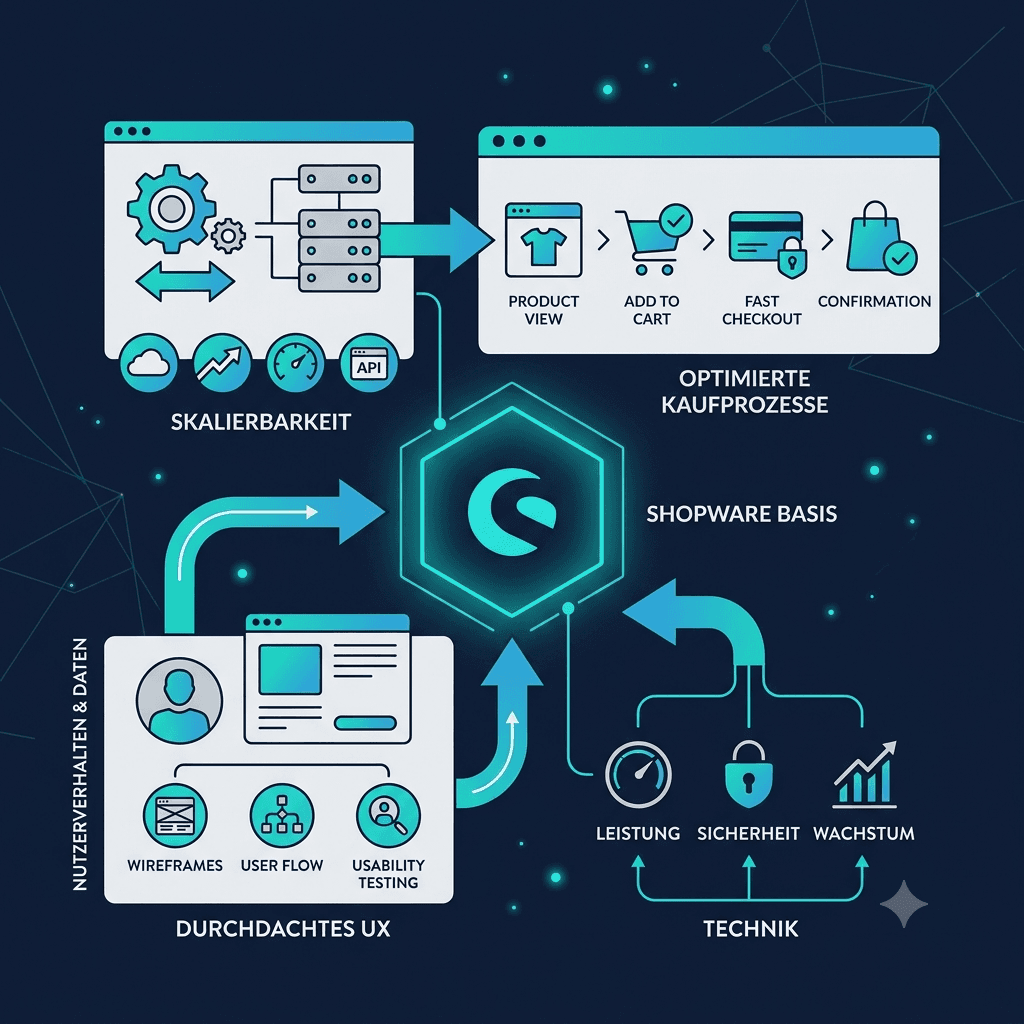 E-Commerce, der verkauft — durchdachte UX, optimierte Kaufprozesse und skalierbare Shopware-Basis (KI-generierte Illustration)